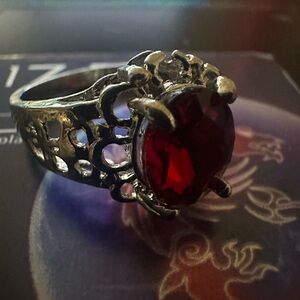 Intricate Silver plated stainless steel pinky ring with Red synthetic ruby stone